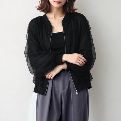チュールシアージップアップブルゾン＆キャミソールセット レディース トップス （ブラック）｜詳細画像