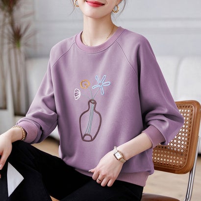 フラワー刺繍クルーネック長袖スウェットプルオーバ レディース トップス （パープル）｜詳細画像