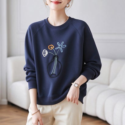 フラワー刺繍クルーネック長袖スウェットプルオーバ レディース トップス （ネイビー）｜詳細画像
