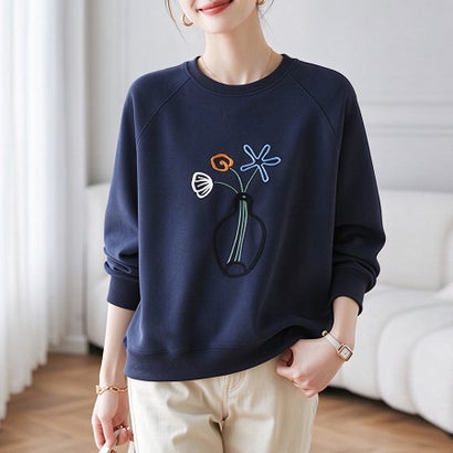 フラワー刺繍クルーネック長袖スウェットプルオーバ レディース トップス （ネイビー）｜詳細画像