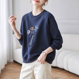 フラワー刺繍クルーネック長袖スウェットプルオーバ レディース トップス （ネイビー）