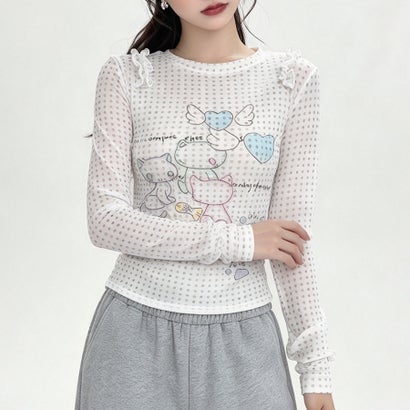 ドゥー ベル Doux Belle ドット柄＆キャットプリントフリル長袖カットソー レディース トップス （ホワイト）｜詳細画像