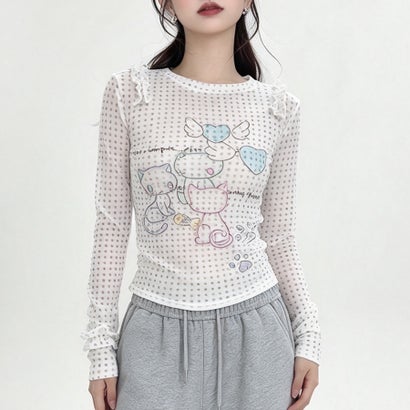 ドゥー ベル Doux Belle ドット柄＆キャットプリントフリル長袖カットソー レディース トップス （ホワイト）｜詳細画像