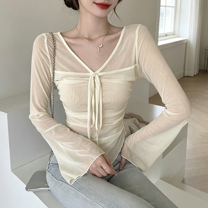 ドゥー ベル Doux Belle フロントドロストシアー長袖カットソー レディース トップス （ベージュ）｜詳細画像