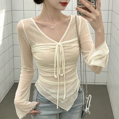 ドゥー ベル Doux Belle フロントドロストシアー長袖カットソー レディース トップス （ベージュ）｜詳細画像