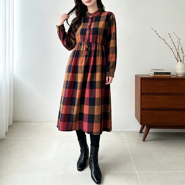 チェック柄ロング丈シャツワンピース レディース ワンピース （レッド）