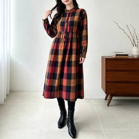 チェック柄ロング丈シャツワンピース レディース ワンピース （レッド）
