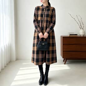 チェック柄ロング丈シャツワンピース レディース ワンピース （ブラック）
