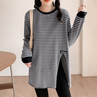 ドゥー ベル Doux Belle ボーダー柄サイドスリット長袖Tシャツ レディース トップス （グレー）｜詳細画像