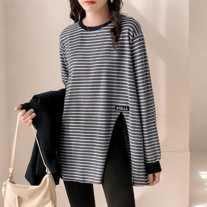 ドゥー ベル Doux Belle ボーダー柄サイドスリット長袖Tシャツ レディース トップス （グレー）｜詳細画像