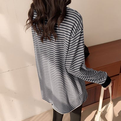 ドゥー ベル Doux Belle ボーダー柄サイドスリット長袖Tシャツ レディース トップス （グレー）｜詳細画像