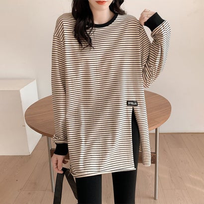 ドゥー ベル Doux Belle ボーダー柄サイドスリット長袖Tシャツ レディース トップス （ベージュ）｜詳細画像