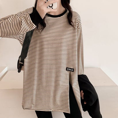 ドゥー ベル Doux Belle ボーダー柄サイドスリット長袖Tシャツ レディース トップス （ベージュ）｜詳細画像