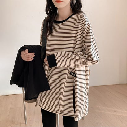 ドゥー ベル Doux Belle ボーダー柄サイドスリット長袖Tシャツ レディース トップス （ベージュ）｜詳細画像