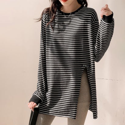 ドゥー ベル Doux Belle ボーダー柄サイドスリット長袖Tシャツ レディース トップス （ブラック）｜詳細画像