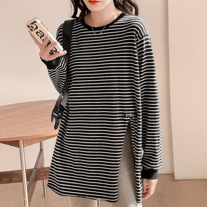 ドゥー ベル Doux Belle ボーダー柄サイドスリット長袖Tシャツ レディース トップス （ブラック）｜詳細画像