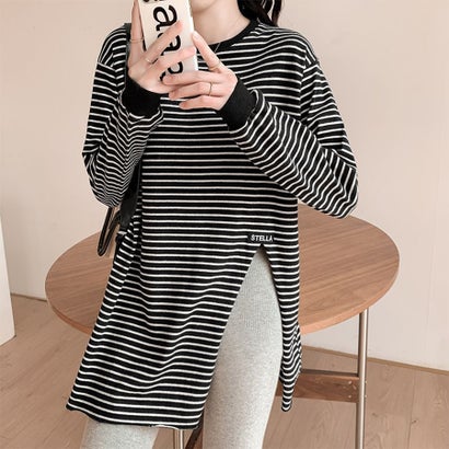 ドゥー ベル Doux Belle ボーダー柄サイドスリット長袖Tシャツ レディース トップス （ブラック）｜詳細画像