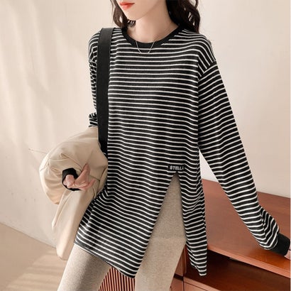 ドゥー ベル Doux Belle ボーダー柄サイドスリット長袖Tシャツ レディース トップス （ブラック）｜詳細画像