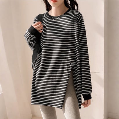 ドゥー ベル Doux Belle ボーダー柄サイドスリット長袖Tシャツ レディース トップス （ブラック）｜詳細画像