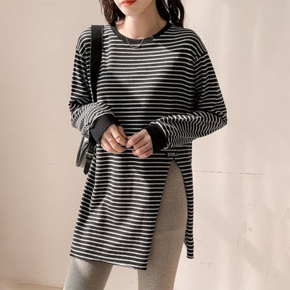 ドゥー ベル Doux Belle ボーダー柄サイドスリット長袖Tシャツ レディース トップス （ブラック）｜詳細画像