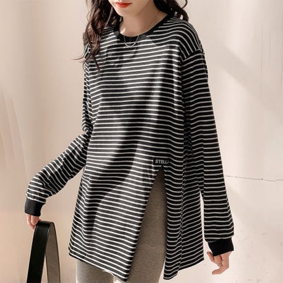 ドゥー ベル Doux Belle ボーダー柄サイドスリット長袖Tシャツ レディース トップス （ブラック）｜詳細画像