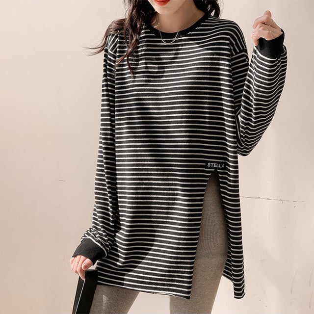 ボーダー柄サイドスリット長袖Tシャツ レディース トップス （ブラック）