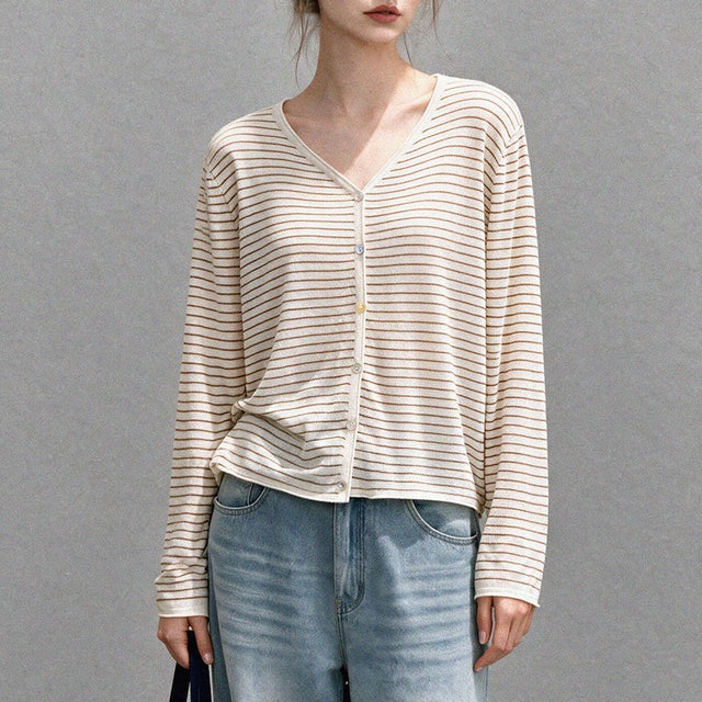 ボーダー柄Vネック長袖ニットカーディガン レディース トップス （ベージュ）