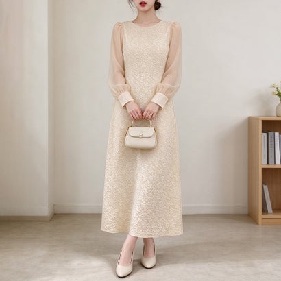 シアー切り替えジャガード長袖ワンピース レディース ワンピース （ベージュ）｜詳細画像