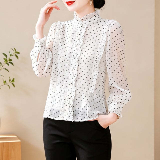 小花柄フリル長袖スタンドカラーブラウス レディース トップス （ホワイト）