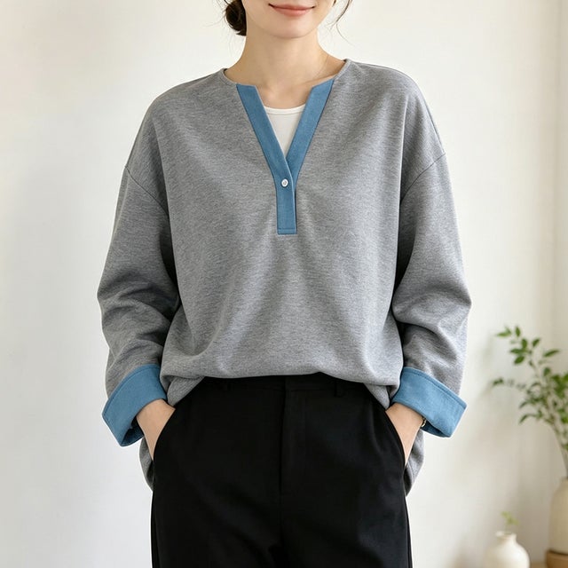 配色Vネック長袖カットソー レディース トップス （グレー）