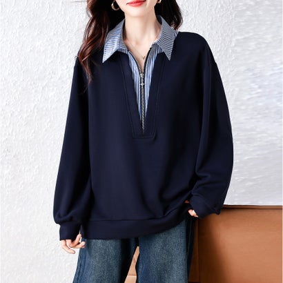 ストライプ柄シャツレイヤード風ジップ付きプルオーバー レディース トップス （ネイビー）｜詳細画像