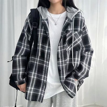 フード付きチェック柄長袖シャツアウター レディース トップス （ブラック）｜詳細画像