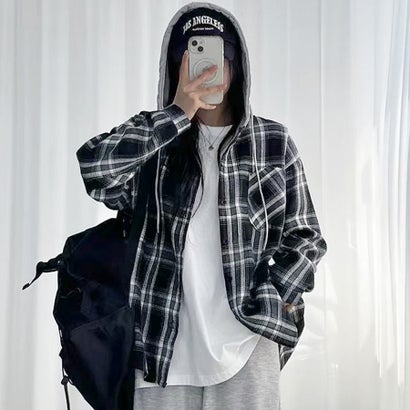 フード付きチェック柄長袖シャツアウター レディース トップス （ブラック）｜詳細画像