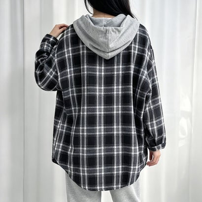 フード付きチェック柄長袖シャツアウター レディース トップス （ブラック）｜詳細画像