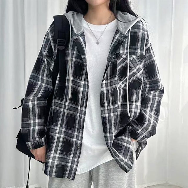 フード付きチェック柄長袖シャツアウター レディース トップス （ブラック）