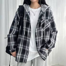 フード付きチェック柄長袖シャツアウター レディース トップス （ブラック）