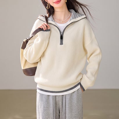 ドゥー ベル Doux Belle ハーフジップ配色襟長袖リブニットセーター レディース トップス （ベージュ）｜詳細画像