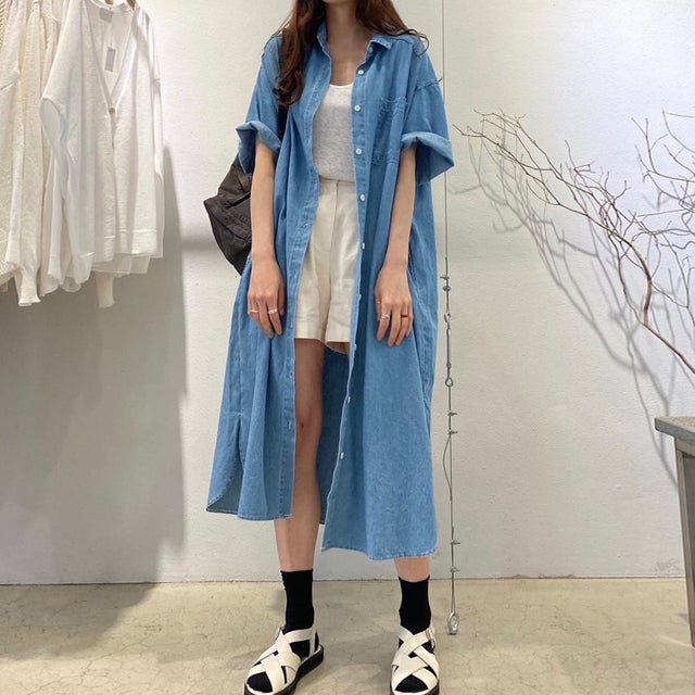 コットン 綿 ロングデニムシャツ （ブルー）