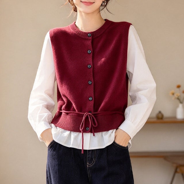レイヤード風ドッキングブラウス レディース トップス （ワインレッド）