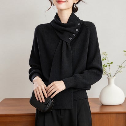 ドゥー ベル Doux Belle ニットマフラー×アシンメトリーボタンニット レディース トップス （ブラック）｜詳細画像