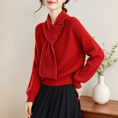 ドゥー ベル Doux Belle ニットマフラー×アシンメトリーボタンニット レディース トップス （レッド）｜詳細画像