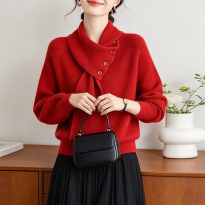 ドゥー ベル Doux Belle ニットマフラー×アシンメトリーボタンニット レディース トップス （レッド）｜詳細画像