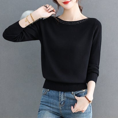 ドゥー ベル Doux Belle スパンコール装飾ボートネック長袖ニット レディース トップス （ブラック）｜詳細画像