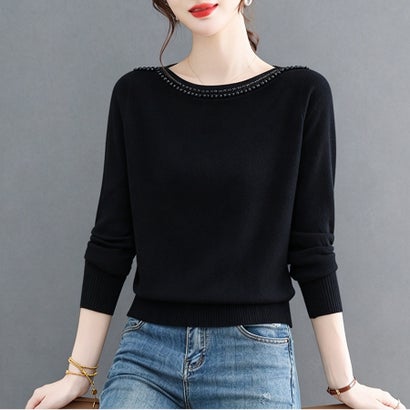 ドゥー ベル Doux Belle スパンコール装飾ボートネック長袖ニット レディース トップス （ブラック）｜詳細画像