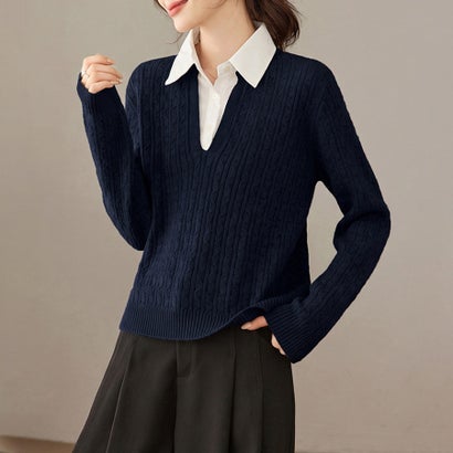 ドゥー ベル Doux Belle シャツレイヤードケーブル編みキーネックニット レディース トップス （ネイビー）｜詳細画像