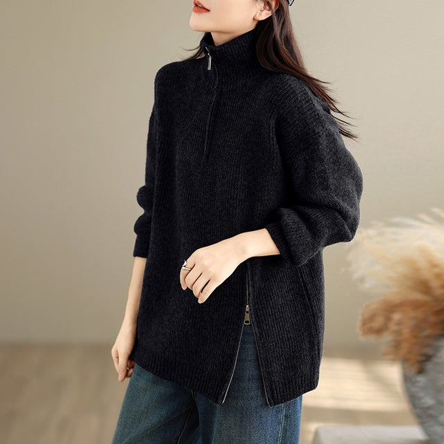 ハーフジップ×サイドスリットリブニット レディース トップス （ブラック）