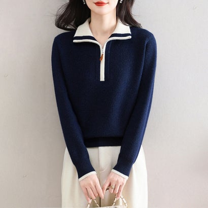 ドゥー ベル Doux Belle ハーフジップバイカラー配色ライン長袖ニット レディース トップス （ネイビー）｜詳細画像
