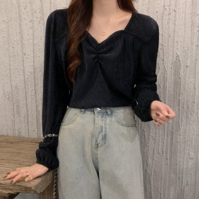 ドゥー ベル Doux Belle 胸元ギャザーハートネック長袖ブラウス レディース トップス （ブラック）｜詳細画像