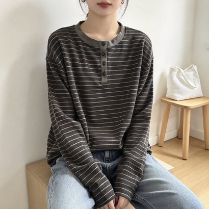 ドゥー ベル Doux Belle ヘンリーネックボーダー柄長袖カットソー レディース トップス （ストライプ）｜詳細画像