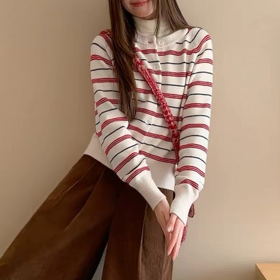 ドゥー ベル Doux Belle マルチボーダーラグランスリーブニットカーディガン レディース トップス （オフホワイト）｜詳細画像